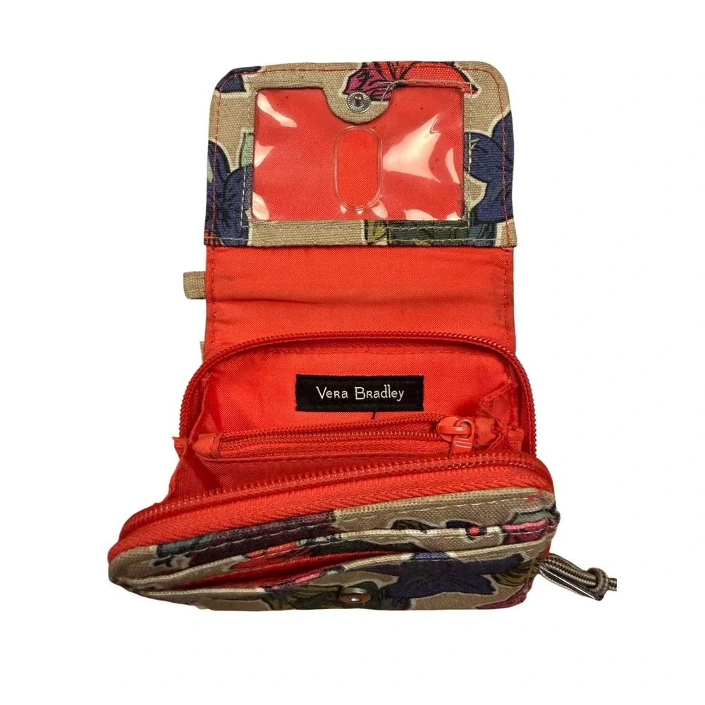 Vera‎ Bradley Floral Canvas Compact Zip Around Wallet Red Tan Small ID Window